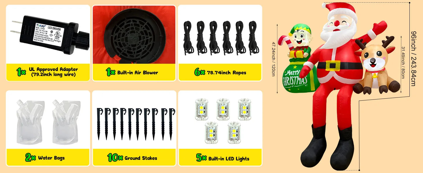 OurWarm 8FT Christmas Inflatable Outdoor Decorations,Sitting Santa Claus with Elves & Reindeer,for Holiday Party Garden Yard