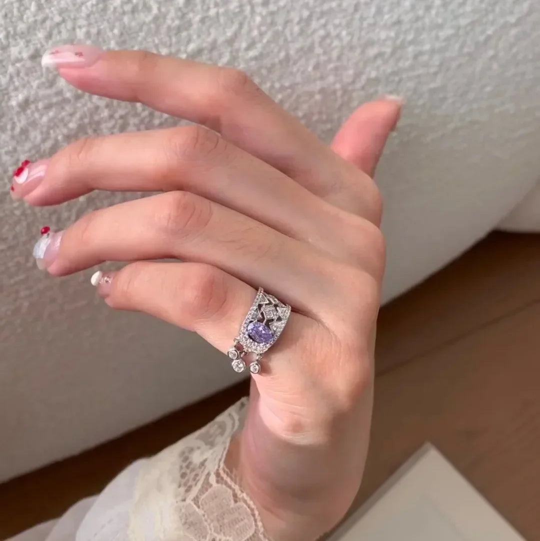 Light luxury exquisite silver 925 diamond amethyst rings for women unique fashion retro tassel purple tail ring wedding jewelry