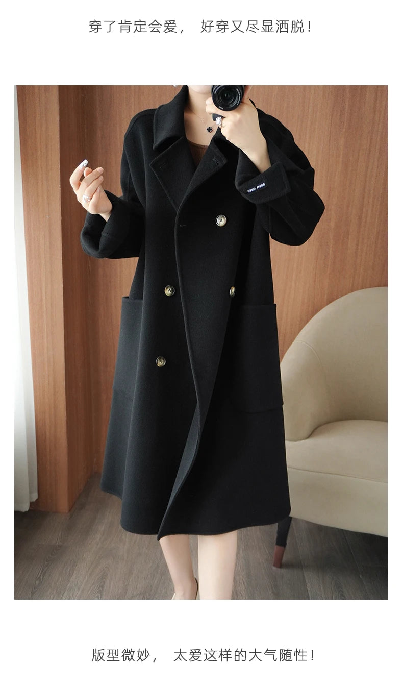 Ladies' 100% cashmere thick double-sided extended coat, classic, versatile and fashionable for business and leisure