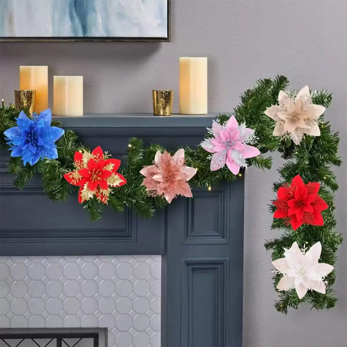 1~20Pcs Glitter Artifical Christmas Flowers Mreey Christmas Tree Decoration Happy New Year Ornaments Xmas Fake Flowers natal