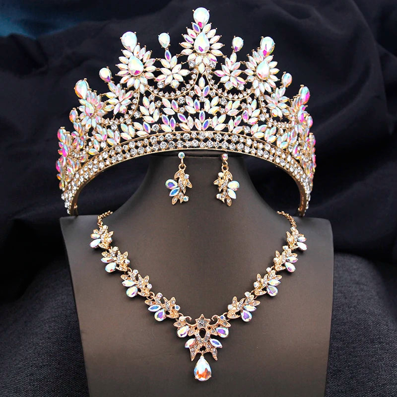 High Opal Pink Tiaras and necklace earrings Bridal Jewelry Sets for Women Brides Wedding Crown Prom Birthday Costume Accessories