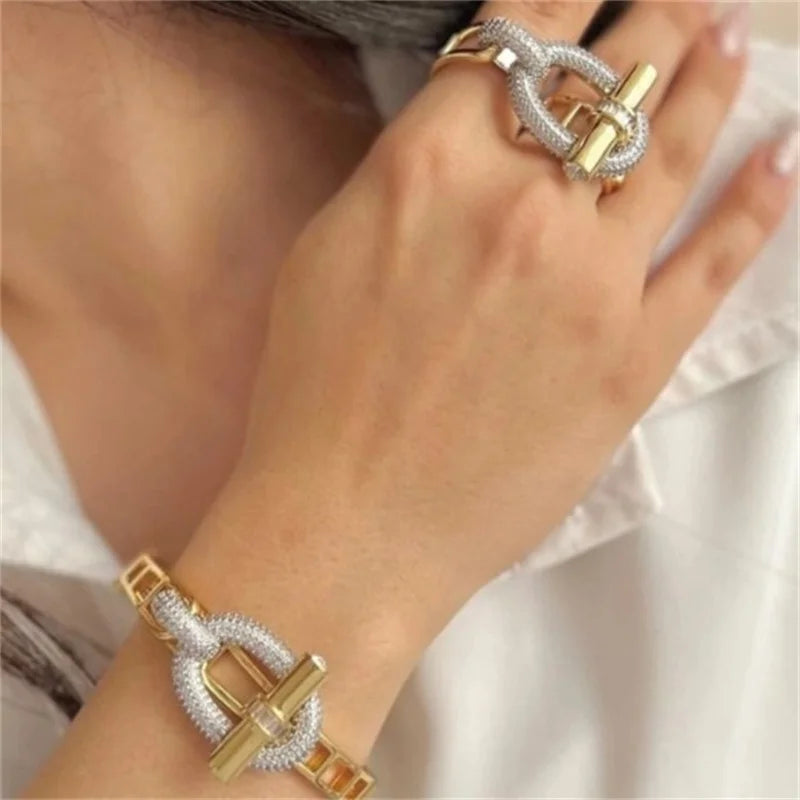 18k Gold Plated Copper Zircon OT Buckle Necklace Bracelets Ring Earring For Women Party Banquet Jewelry Set Accessory