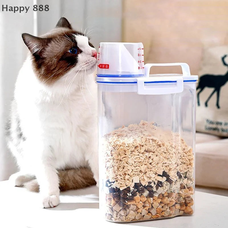 1.5kg/2kg Plastic Pet Food Storage Container With Measuring Cup, Moisture-Proof & Sealed Jar For Dogs And Cats