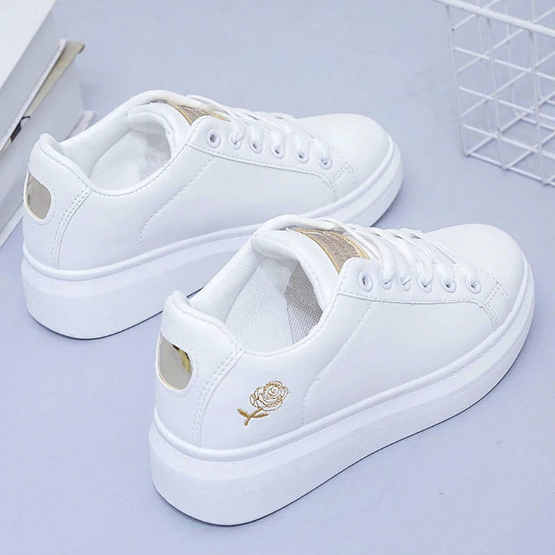 Women’s White PU Leather Sneakers – Breathable Low Top