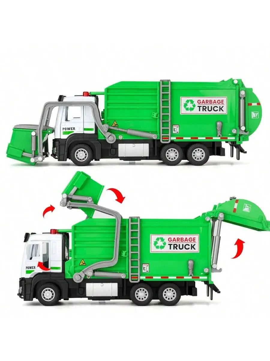 Realistic Garbage Truck Toy Set with Trash Can & STEM Learning Cards | 6+ Years Interactive Pull-Back Vehicle for Boys & Girls,