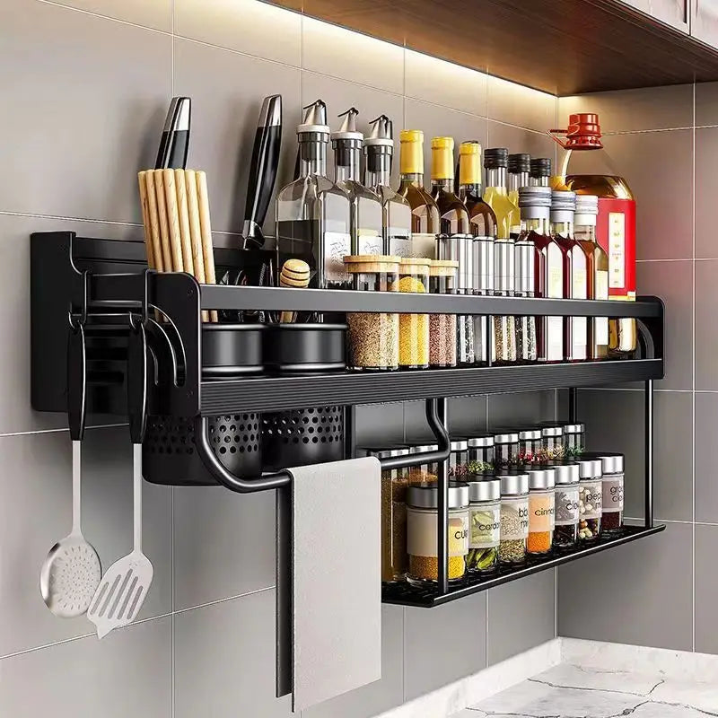 Stainless Steel Kitchen Wall Rack with Hooks & Shelf