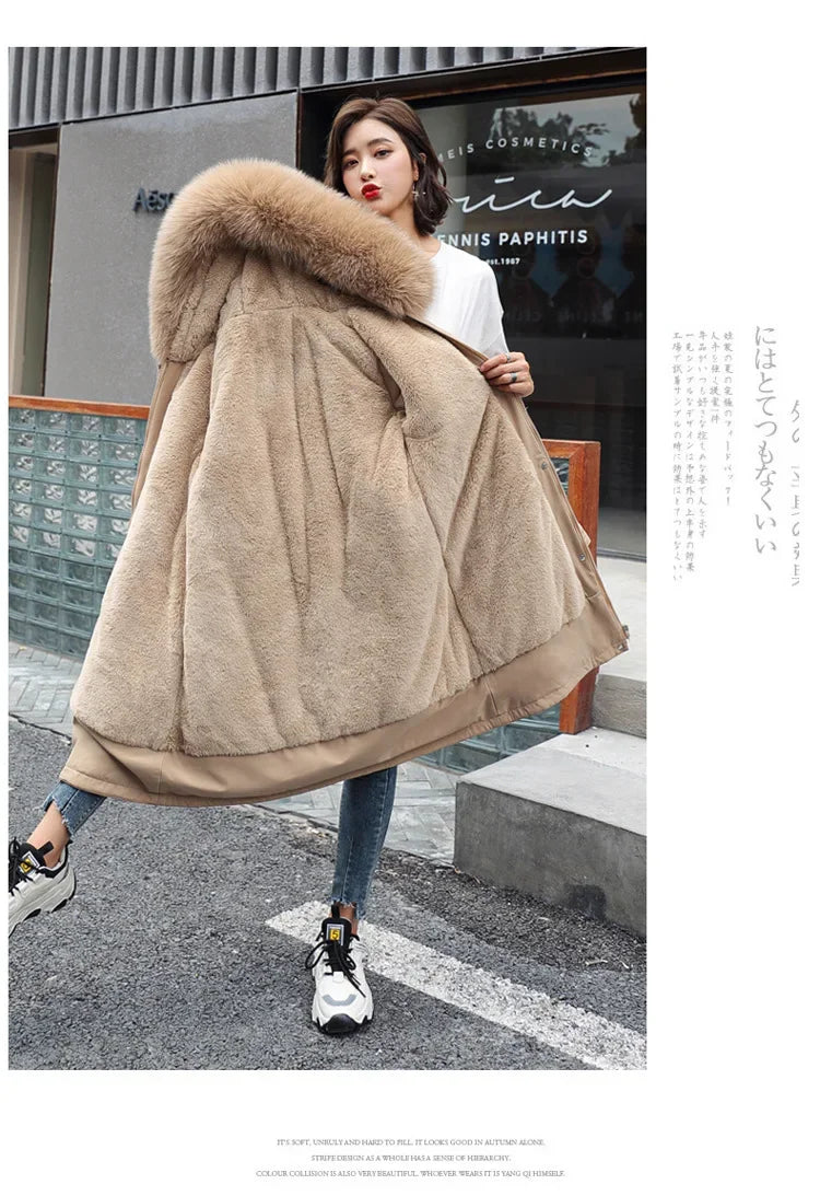 Winter Parka 2024 New Women Jacket Clothes Long Coat Wool Liner Hooded Jacket Fur Collar Thick Warm Snow Wear Fashion Parka