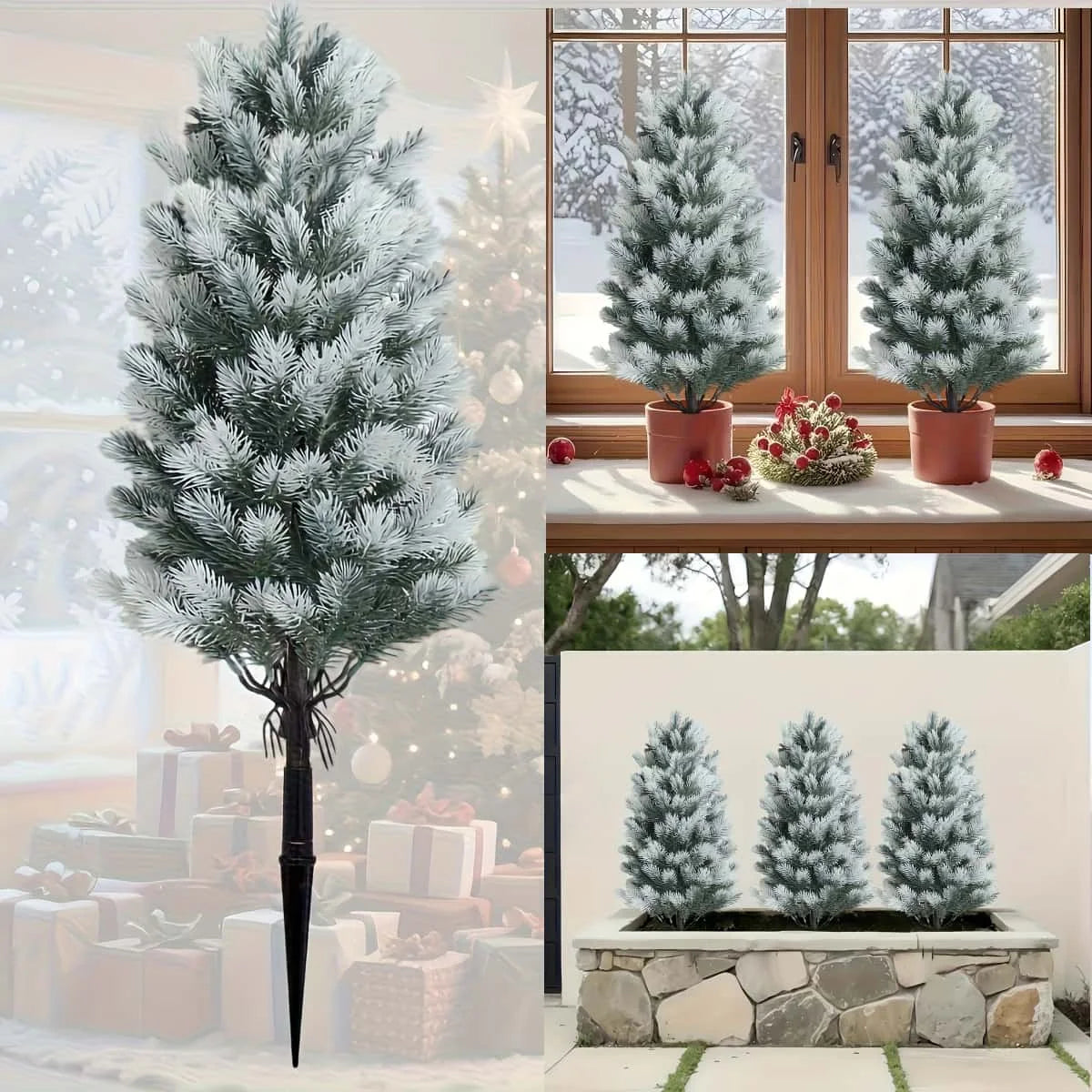 2pcs Artificial Christmas Pine Trees with Black Spiked Base - Indoor/Outdoor Holiday Decor-  Thanksgiving, Christmas Decor