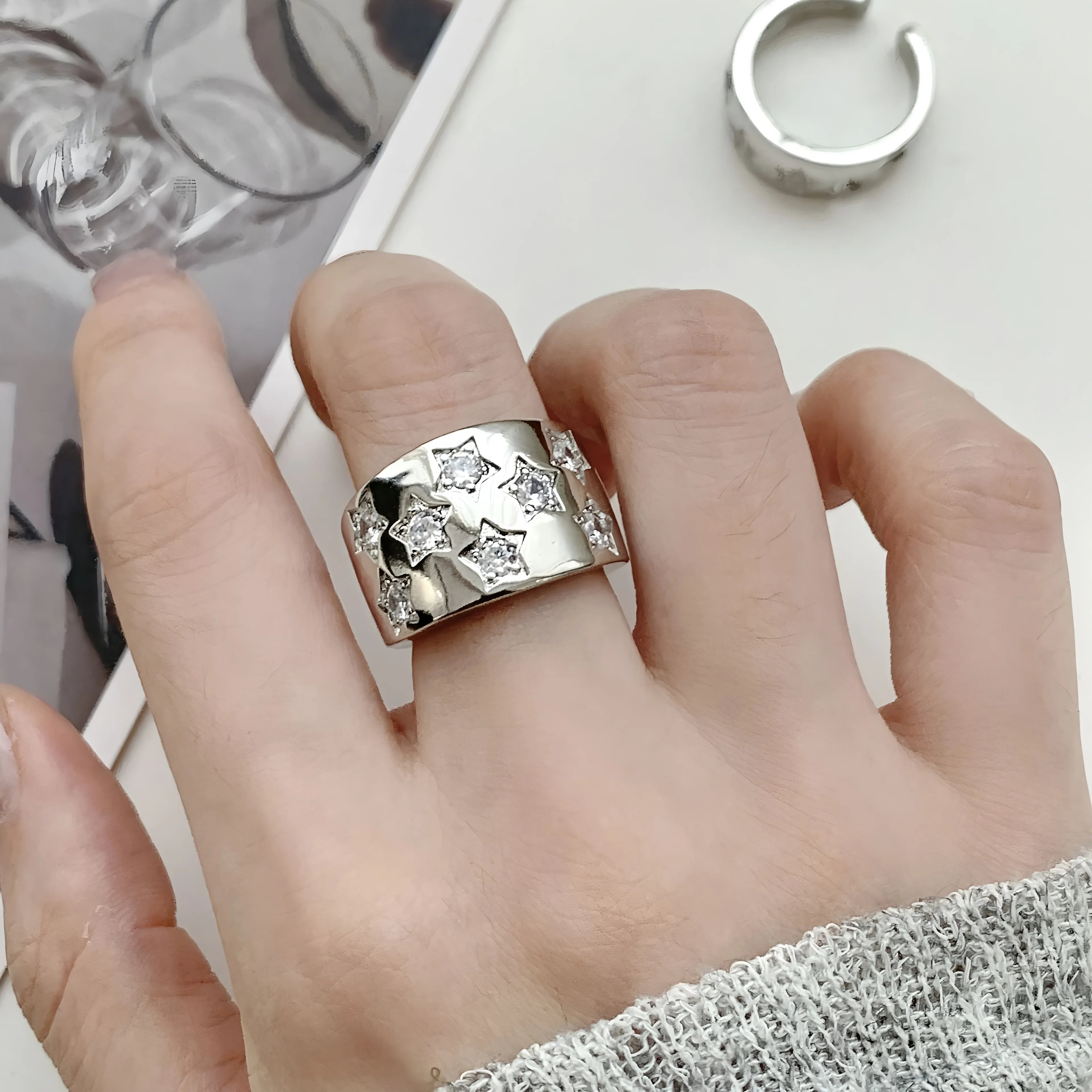 PANJBJ 925 Sterling Silver Geometry Crystal Ring For Women Ellipse Exaggerated Punk Water Drop Open Jewelry Gift Dropshipping