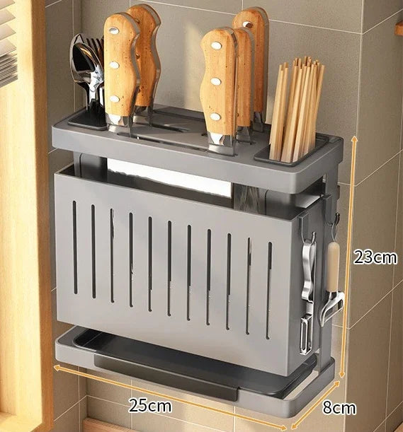 Kitchen Knife Holder Storage Rack Wall-Mounted Multi-purpose Storage Knife Rack Detachable Stainless Steel With Brackets Hooks