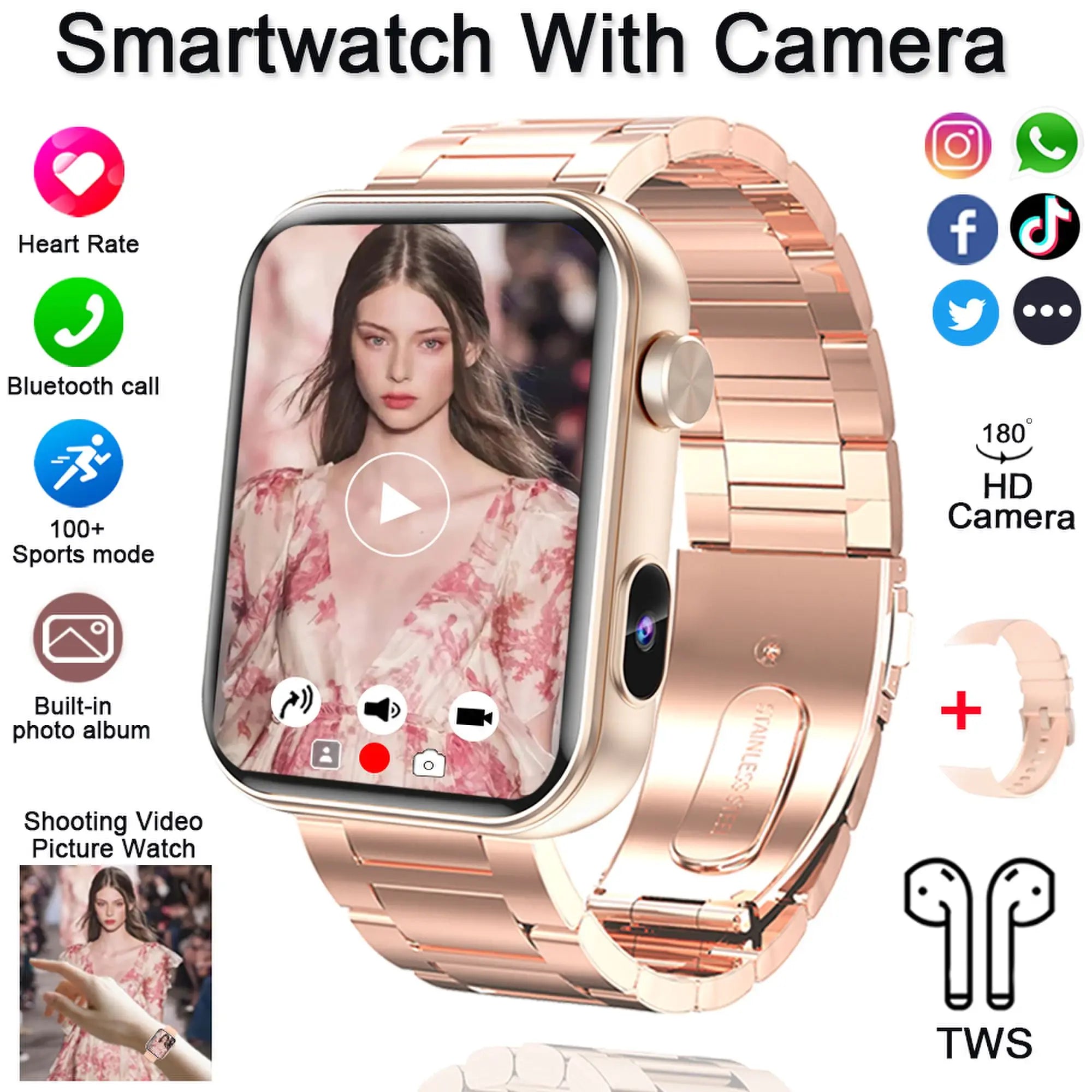 Camera Smart Watch with Video, BT Call & Health