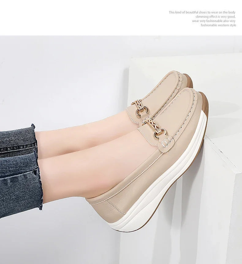 Women’s Leather Platform Loafers – Slip-On Casual Flats