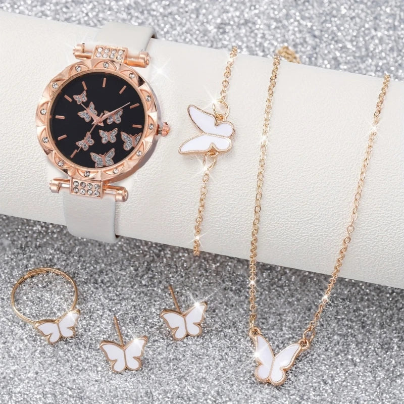 Elegant Butterfly Jewelry Set Women Watch Crystal Watches Fashion Rings Necklace Earring Bracelet Perfect for Daily Wear