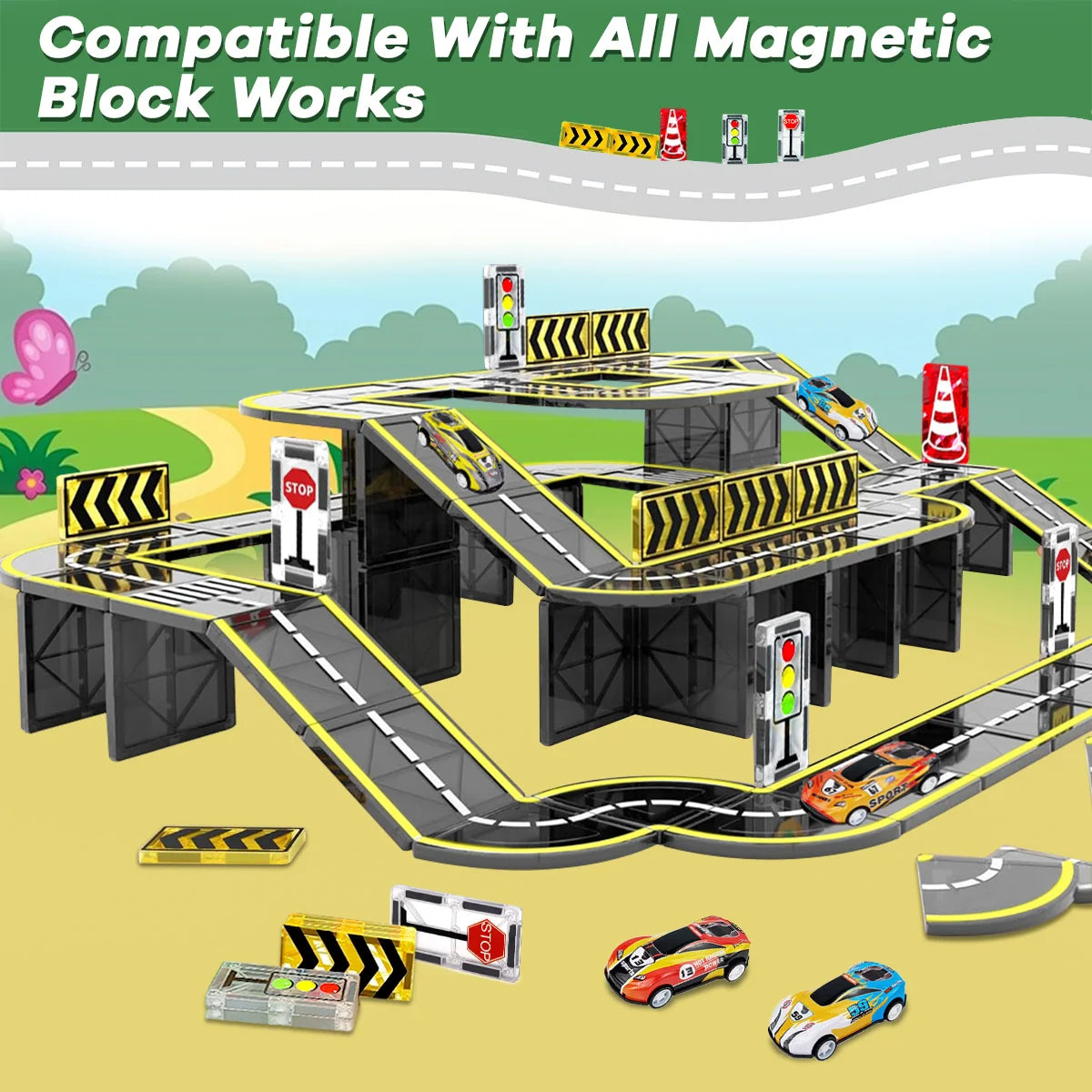 Magnetic Road Magnet Crane Car Toys, Magnetic Block Creativity And Educational Construction Toys for Kids Age 3-6 Birthday Gifts