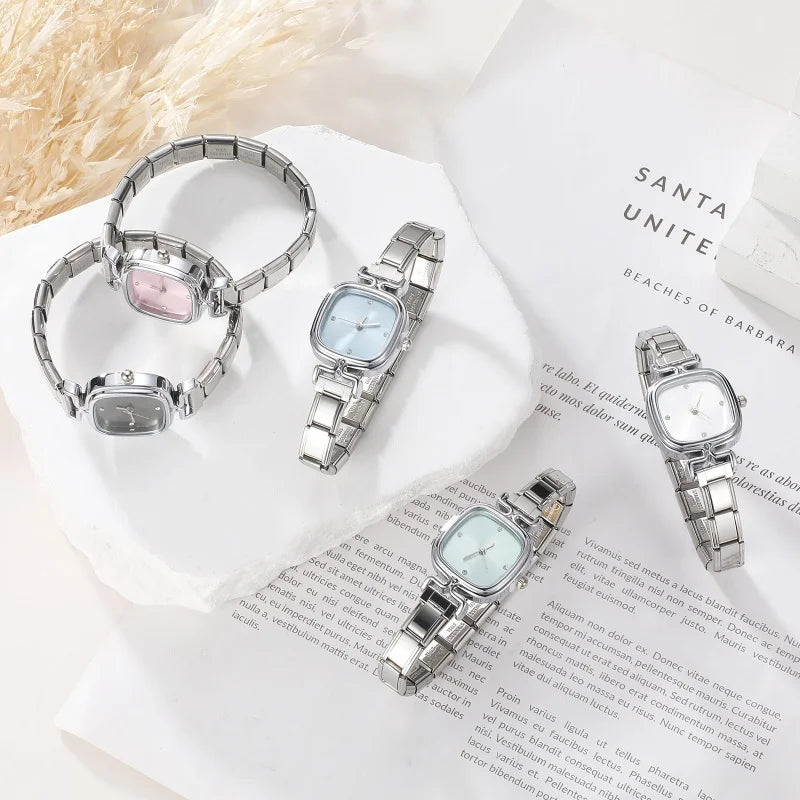 New Fashion Women's Stainless Steel Square Round Shiny Watch Bracelet For Party Friend Wife Birthday DIY Jewelry Gift