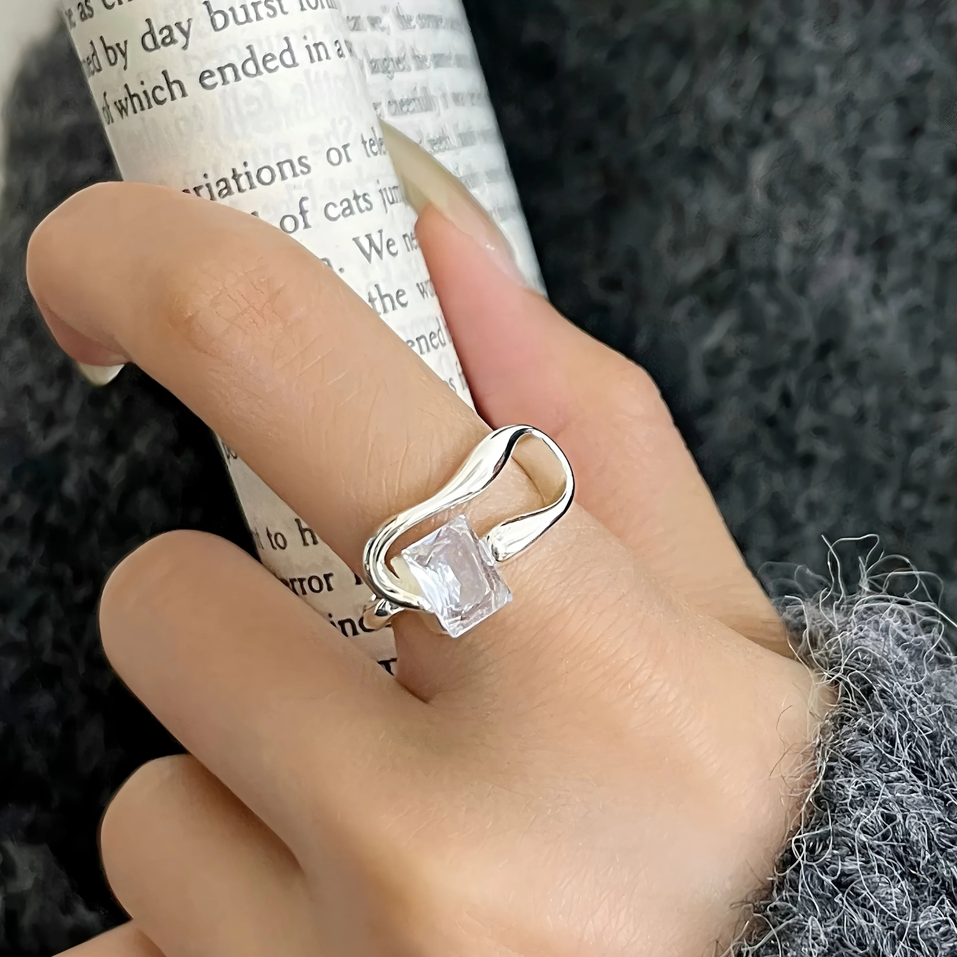 PANJBJ 925 Sterling Silver Geometry Crystal Ring For Women Ellipse Exaggerated Punk Water Drop Open Jewelry Gift Dropshipping