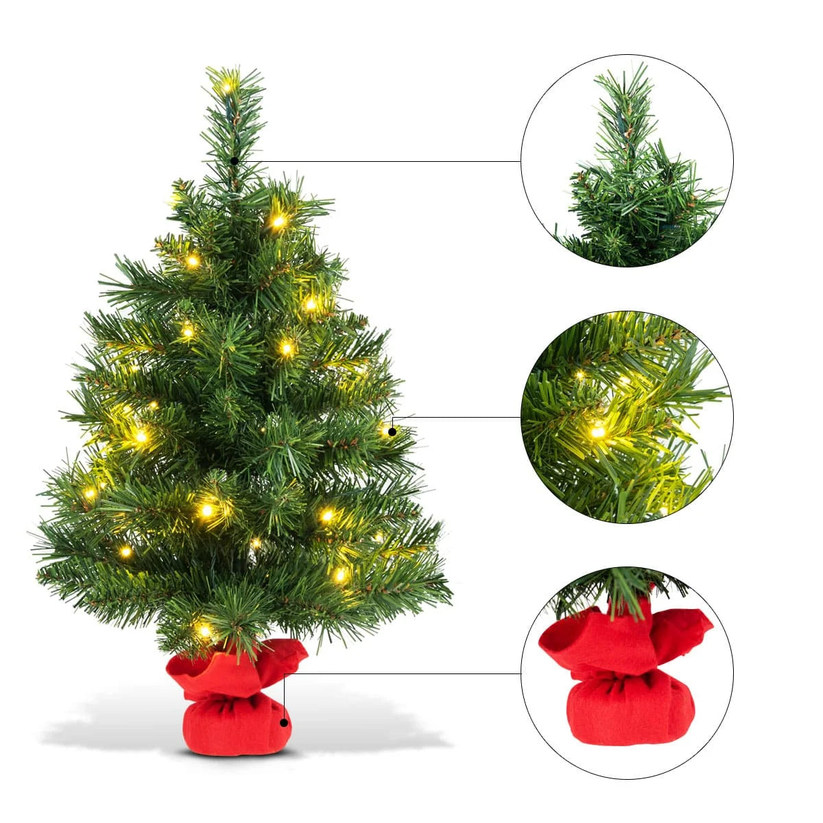GOFLAME 60CM Pre-Lit Mini Christmas Tree, Tabletop Artificial Xmas Tree with LED Lights and Cement Base