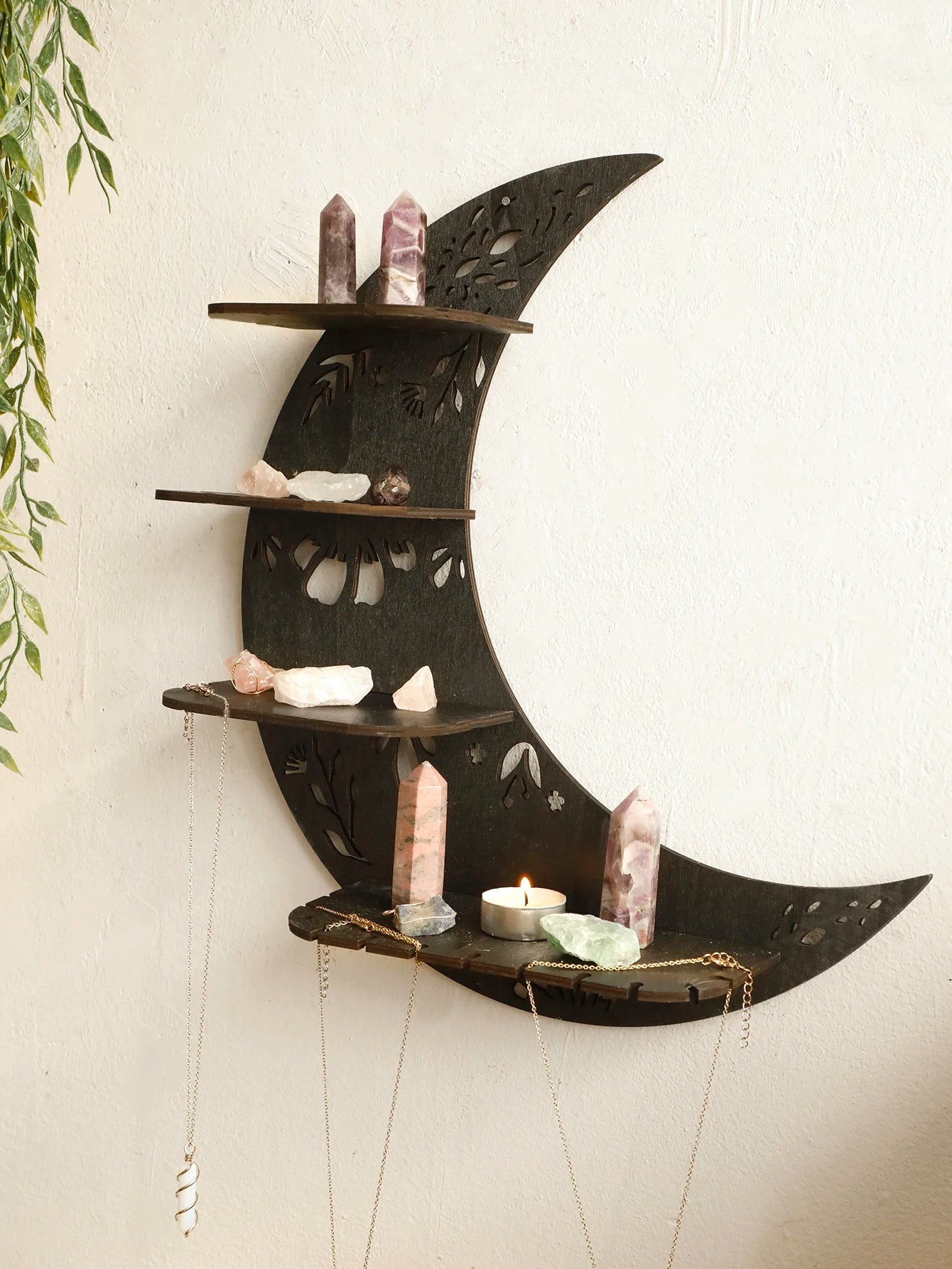 30/39cm Black Moon Wall Shelves 4-tier Wood Floating Wall Shelf Gothic Home Decor Crystal Shelf Display Ledge Essential Oil Rack