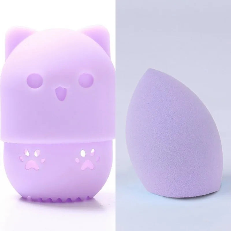 Pink Cute Cat Soft Silicone Cosmetic Sponge Box Holder with Beauty Eggs Portable Powder Puffs Holder Sponge Make Up Drying Cases