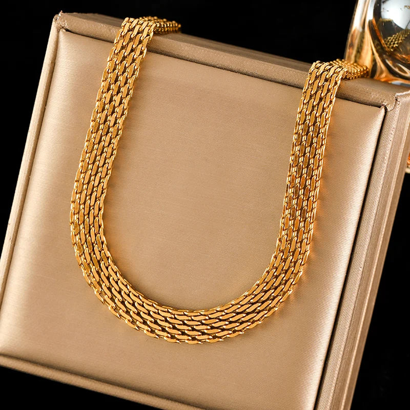 EILIECK 316L Stainless Steel Metal Gold Color Wide Watch Chains Neckalce Bracelet Set For Women Trendy Waterproof Jewelry Gift