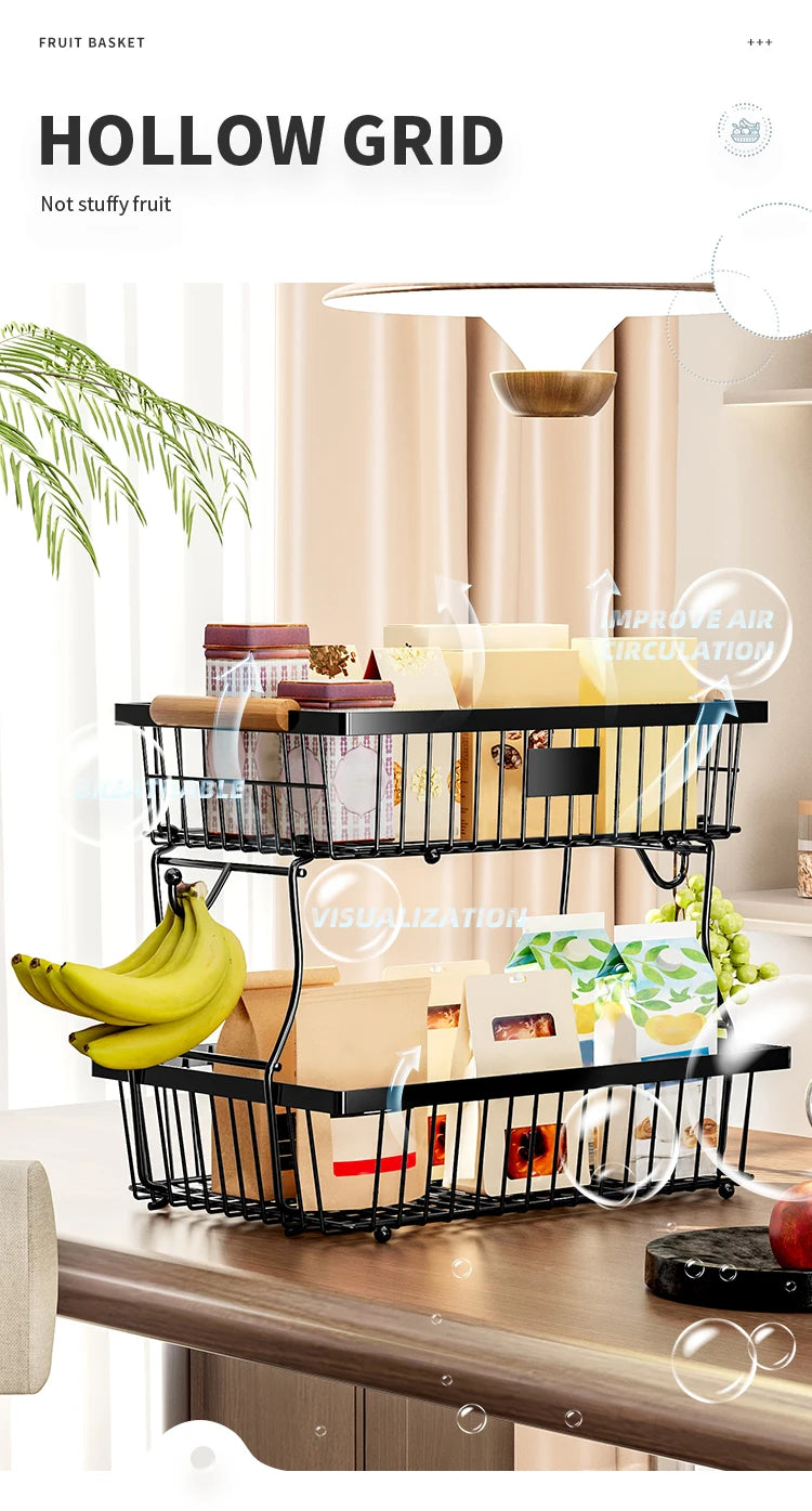 fruit basket vegetable basket,Metal storage basket with hook and wooden handle,Stackable and removable kitchen storage rack