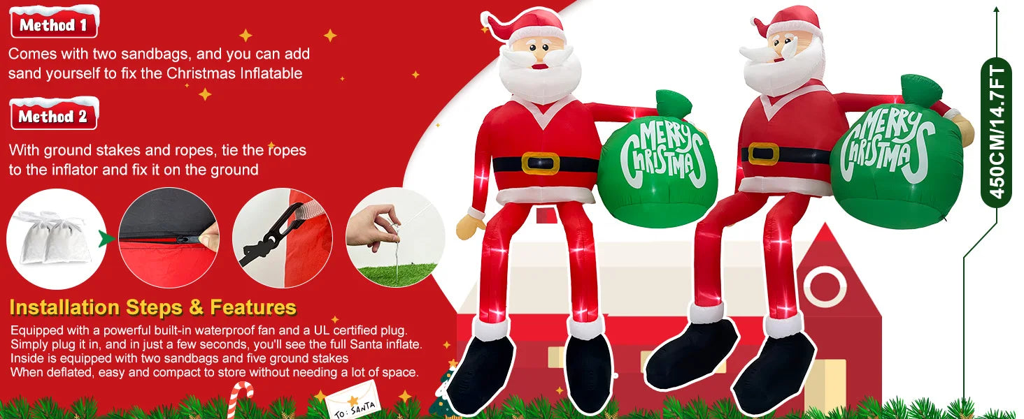 OurWarm 15FT Christmas Inflatable Outdoor Decor, Climbing Santa Giant Christmas inflatables Christmas Blow Ups with LED Lights