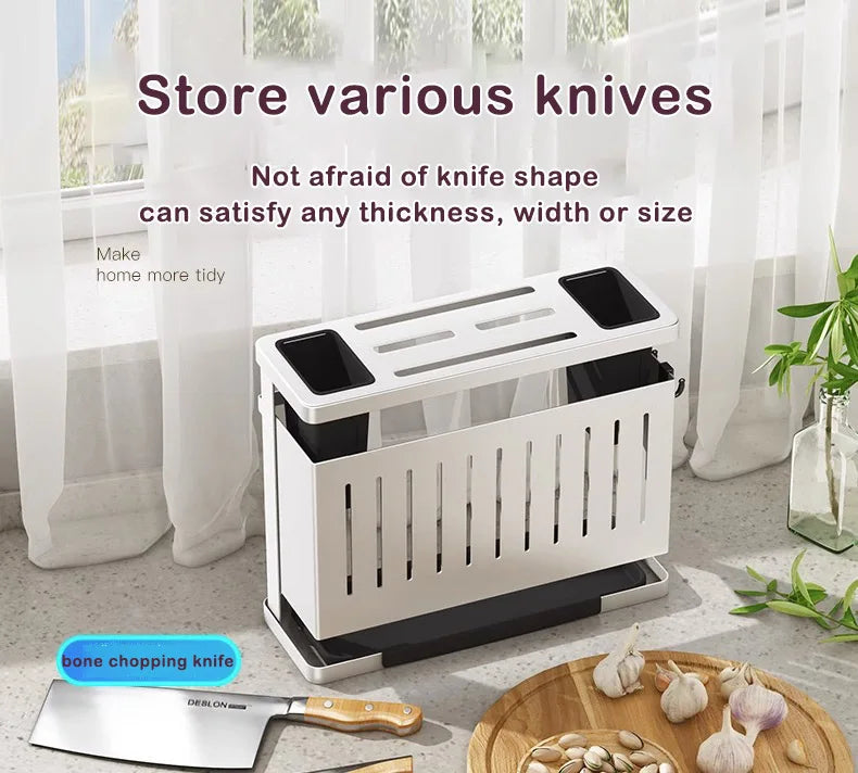 Kitchen Knife Holder Storage Rack Wall-Mounted Multi-purpose Storage Knife Rack Detachable Stainless Steel With Brackets Hooks