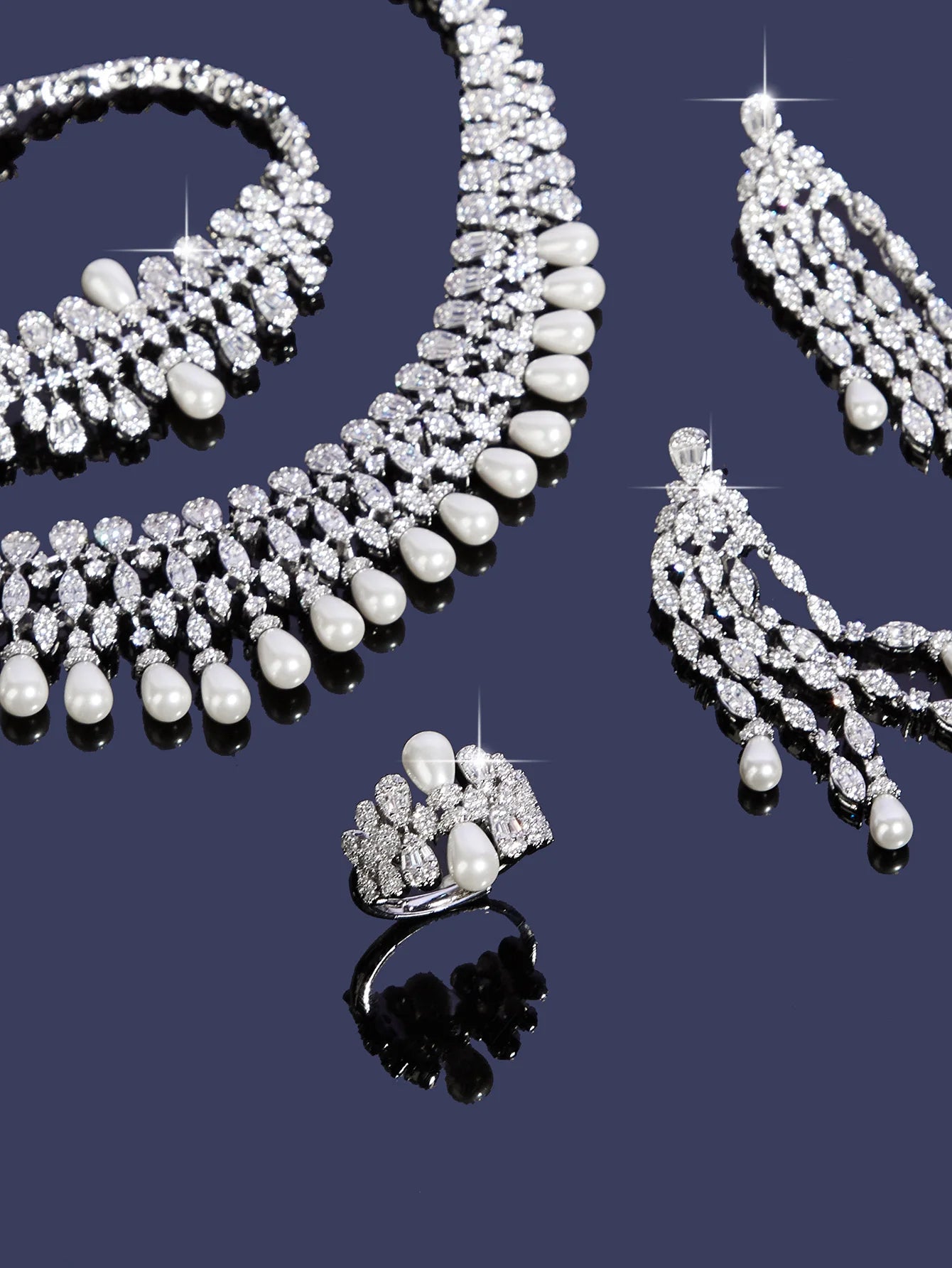 2025 New 4-piece Cubic Zirconia With Pealr Tassel African Blue Bridal Jewelry Set Dubai Necklace Set Women's Wedding Party