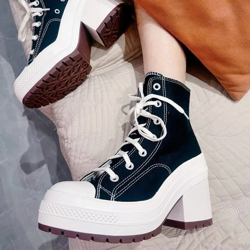 Women’s Canvas Platform Sneakers – Lace-Up High Heel