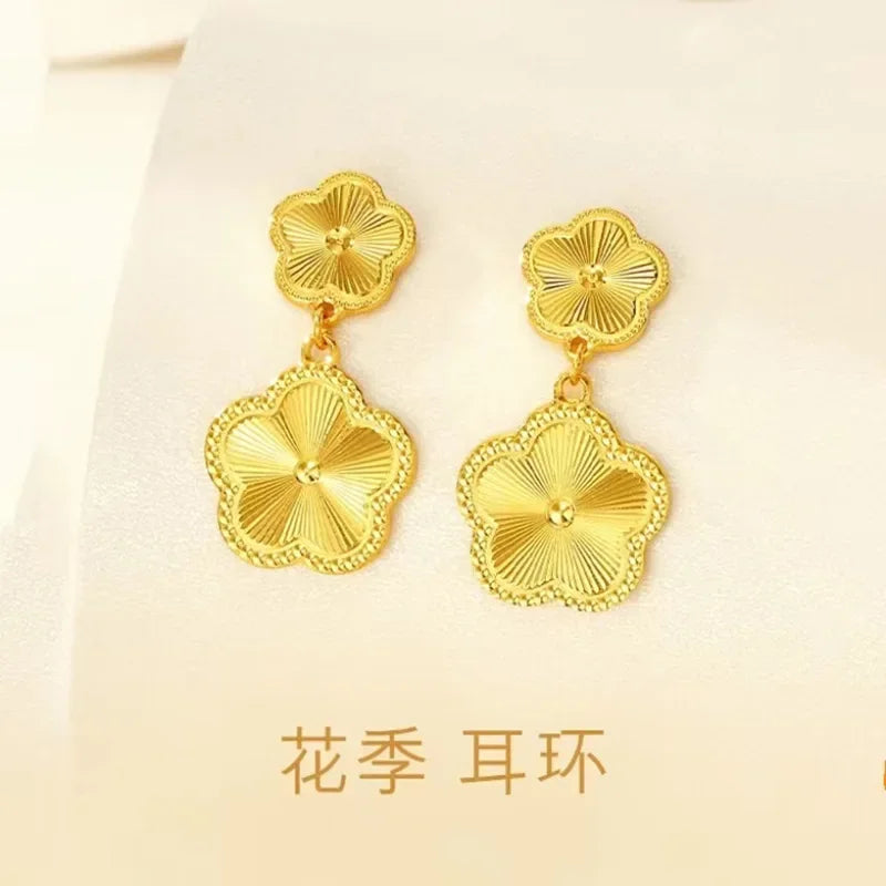 Delicacy 9999 24K Solid Gold Seasonal Necklace with Matching Bracelet and Stud Earrings Set for Women