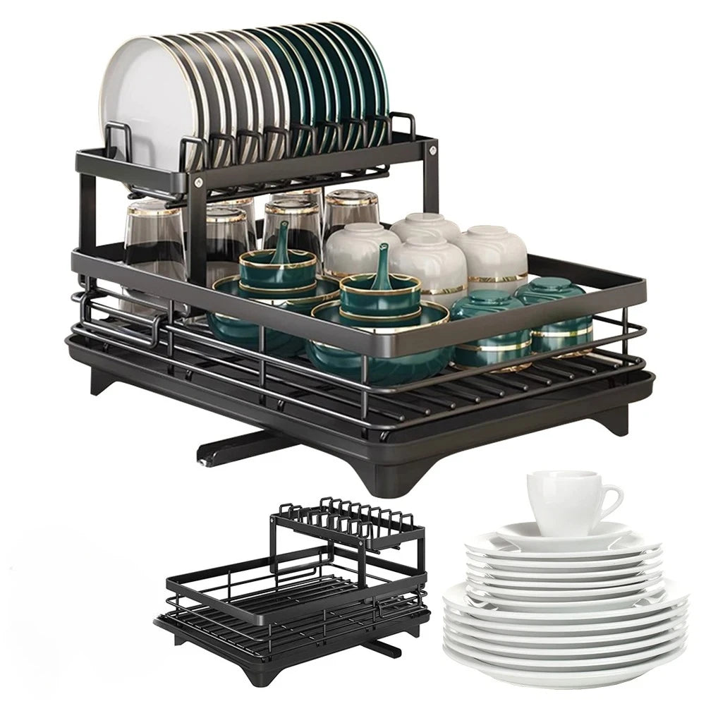 2025 Dish Drying Rack Kitchen Adjustable  Steel 2 Tier Plates Organizer Dish Bowl Drainer Storage Rack Kitchen Utensils