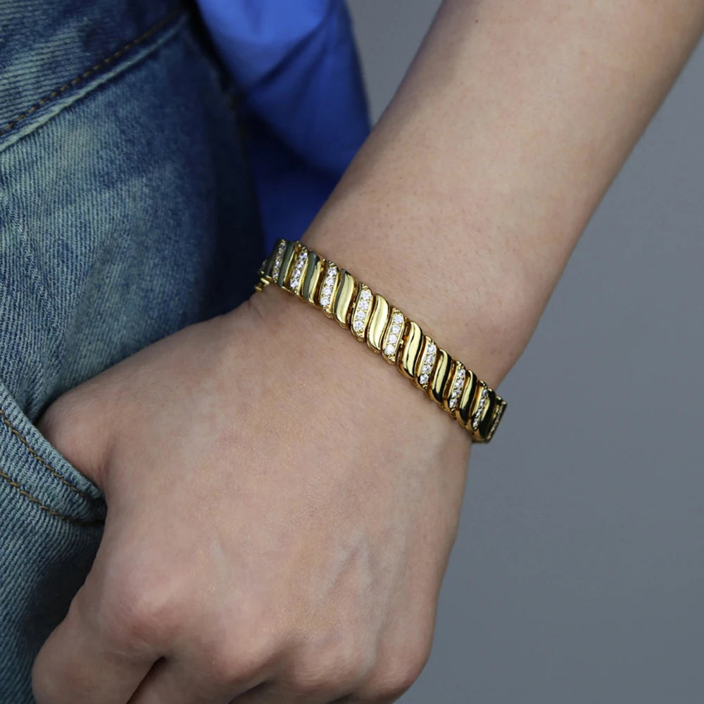 2025 New Gold Color Herringbone Snake Chain Bracelet Necklace 10mm CZ Stones Choker Hop Hip Rapper Fashion Women Jewelry Set