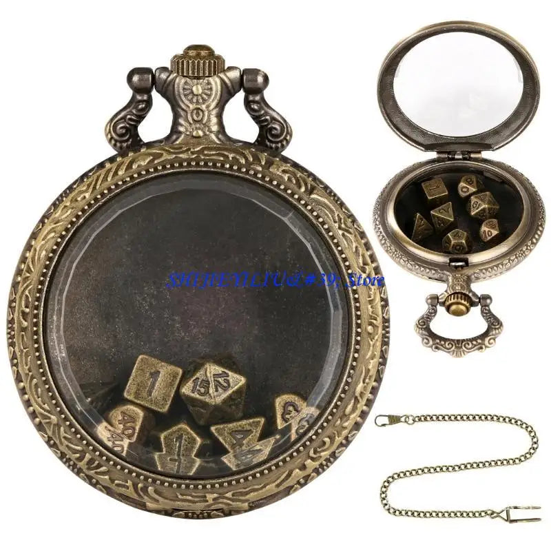 E21F Fashion Pocket Watch Case with 7pcs/set Metal Polyhedral Dices Pendant Chain