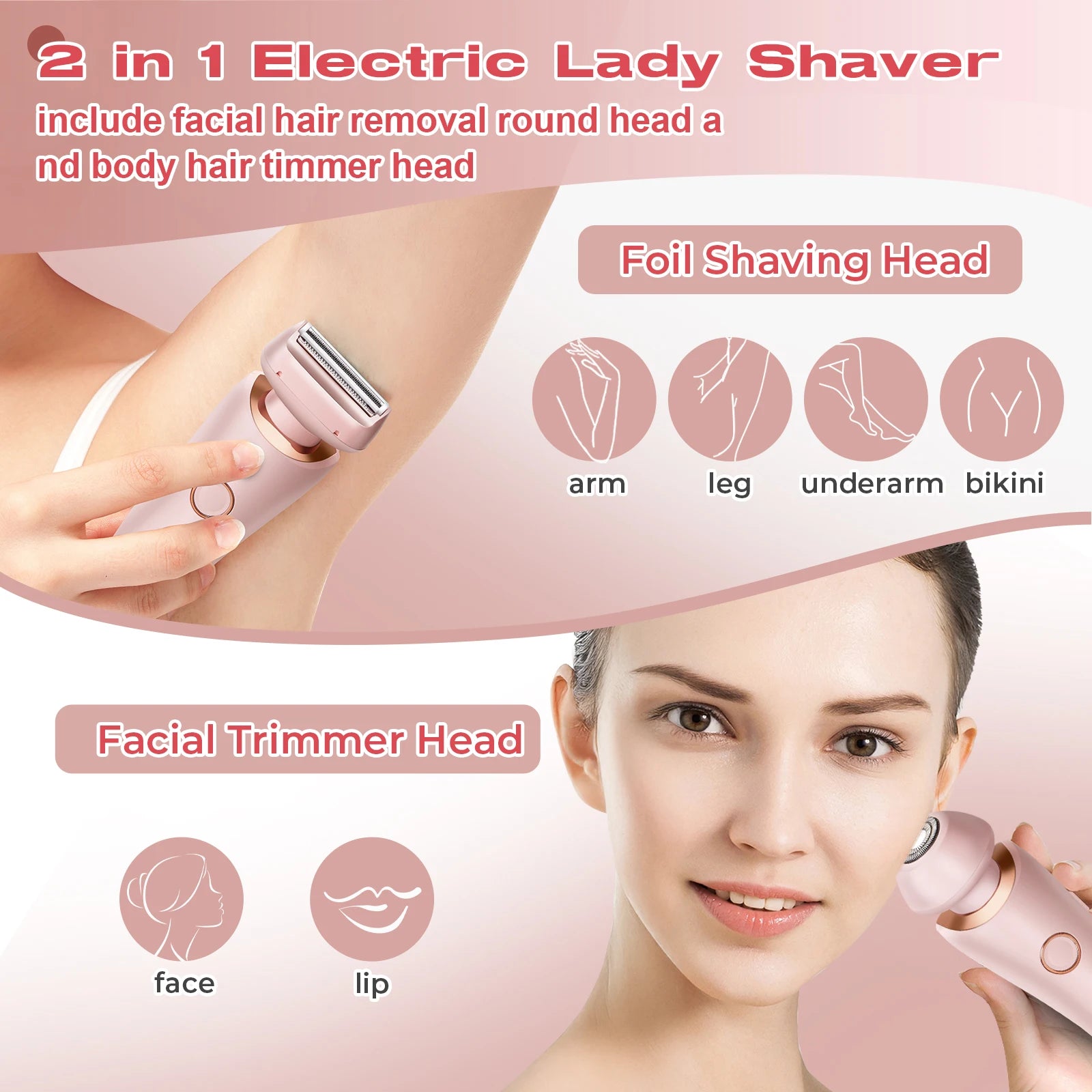 Electric Razors for Women 2 In 1 Bikini Trimmer Face Shavers Hair Removal for Underarms Legs Ladies Body Trimmer IPX7 Waterproof