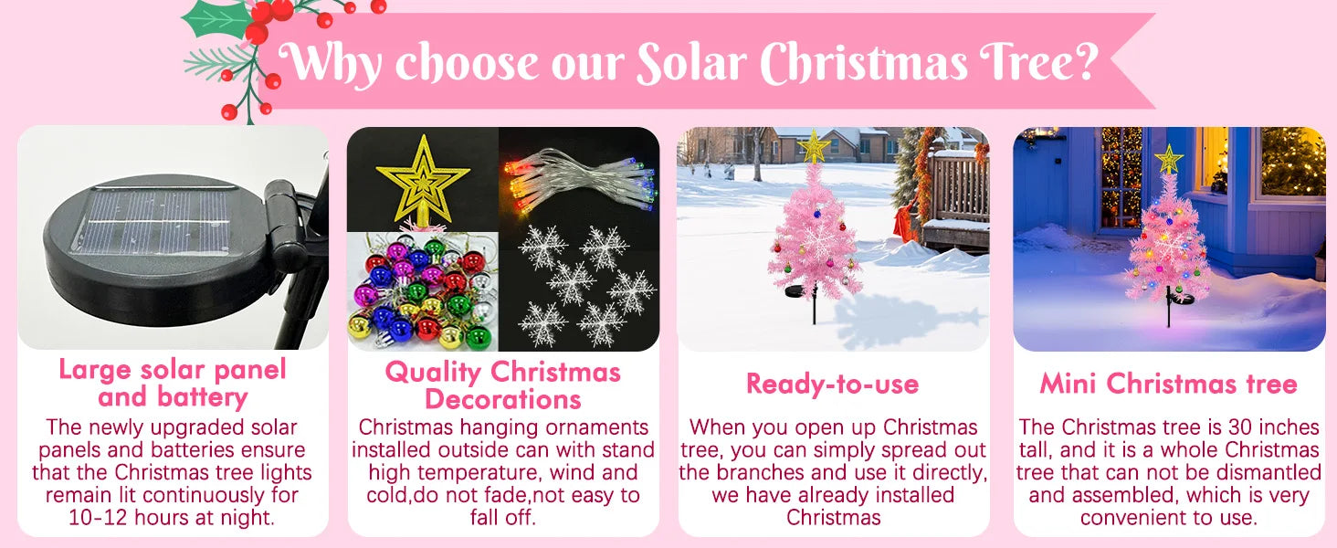 OurWarm 2pcs Pink 29in Solar Christmas Trees Garden Stake Lights Waterproof Christmas Yard Decor Outdoor, 8 Modes Xmas Tree