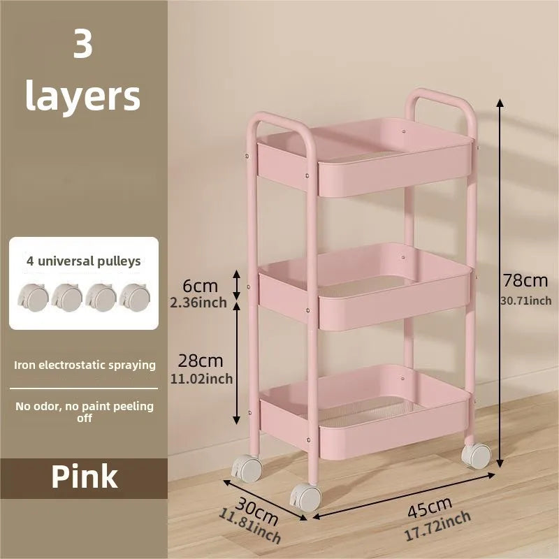 Pink 3-Tier Kitchen Cart with Wheels, Multifunctional Mobile Storage Snack Rack for Bedroom Living Room