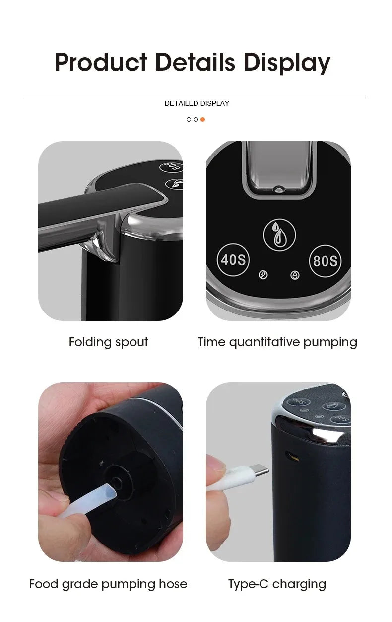 Foldable Water Dispenser Pump Handheld Portable USB Rechargeable Electric for Bottle Jug No Spill Quick Flow Desk Travel Camping
