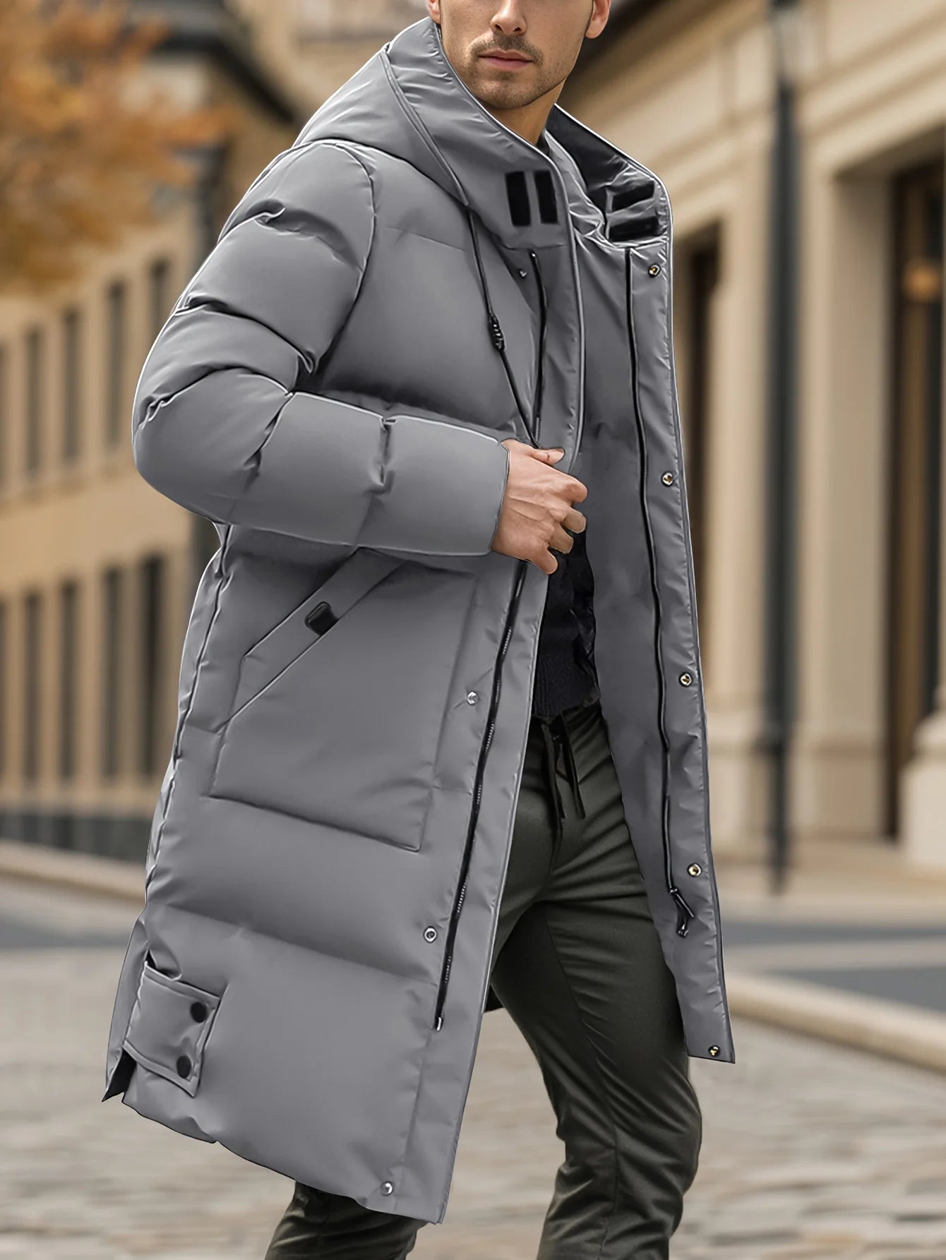 Men'S Heavyweight Winter Coat Windproof Cold Weather Jacket with Full-Length Zipper, Hooded Long Formality, Large Front Pockets
