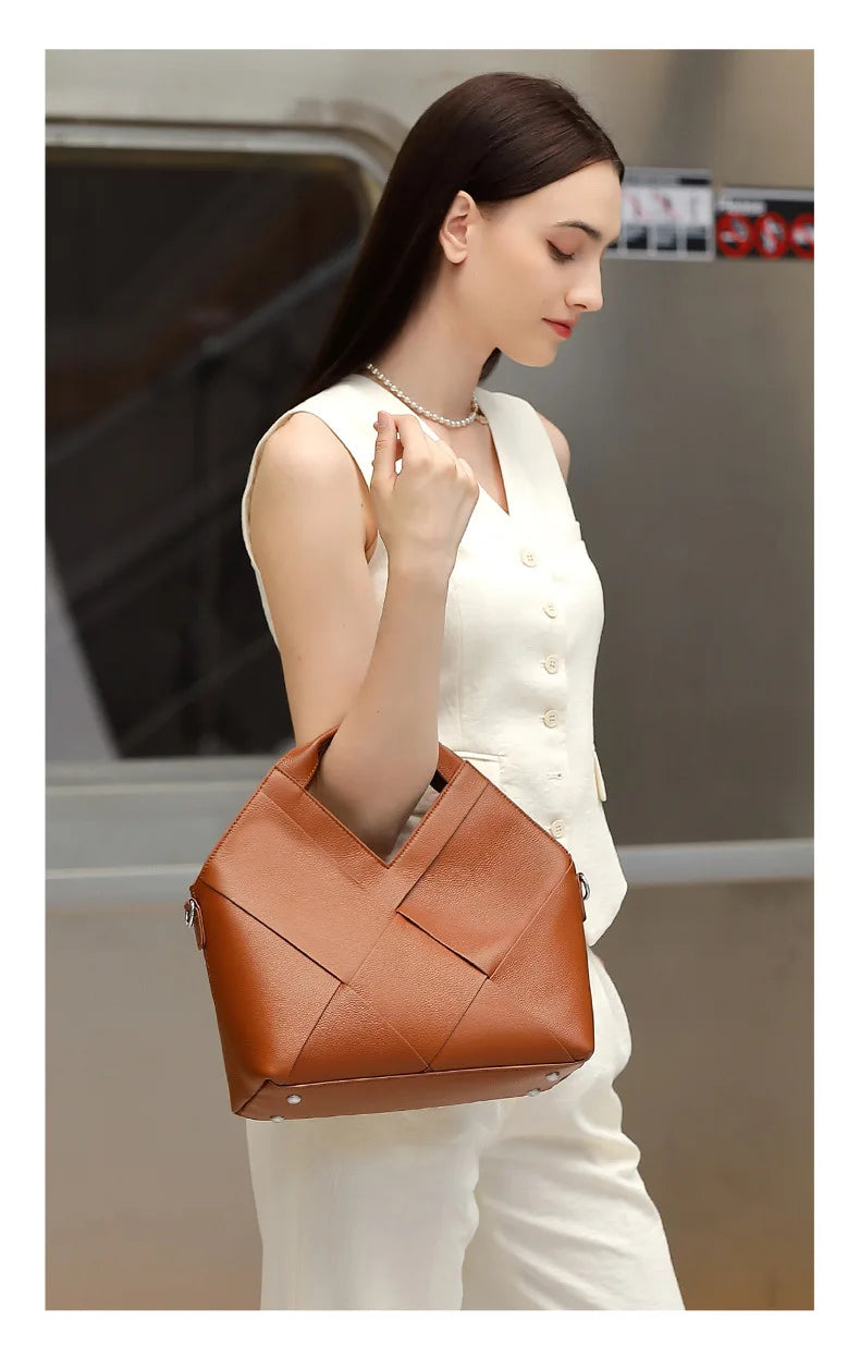 Genuine Leather Woven Tote Crossbody Bag