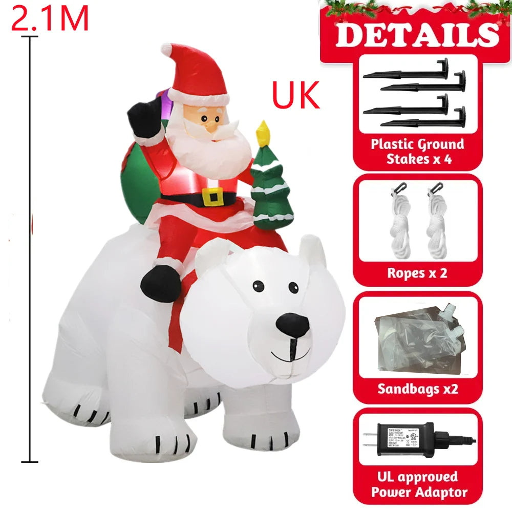 2.1M Inflatable Christmas Claus Riding Shake Head Bear And 1.2m Santa Claus Built-in LED Light Courtyard Garden Xmas Decorati