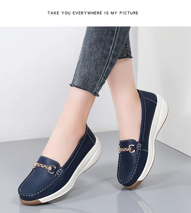 Women’s Leather Platform Loafers – Slip-On Casual Flats