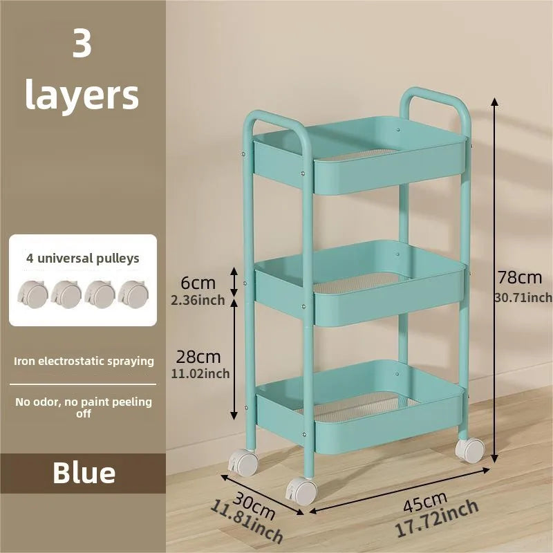 Pink 3-Tier Kitchen Cart with Wheels, Multifunctional Mobile Storage Snack Rack for Bedroom Living Room