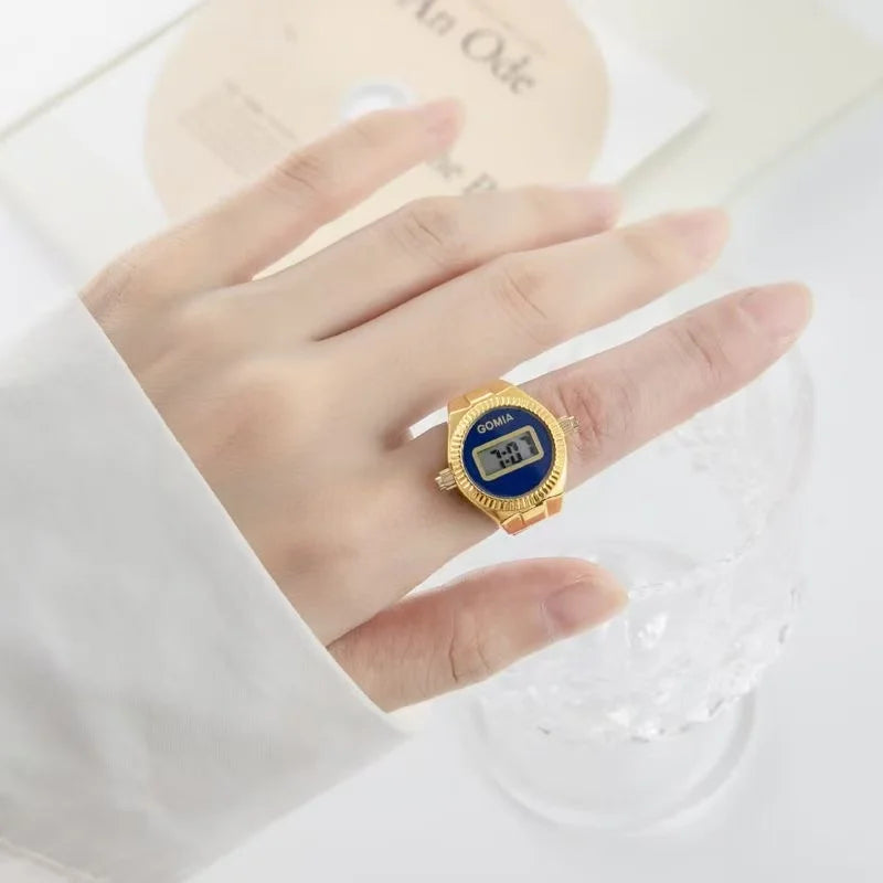 Fashion Electronic Watch Rings for Men Women Gold Silver Colorful Dial Stainless Steel Elastic Watch Strap Battery Mini Clock