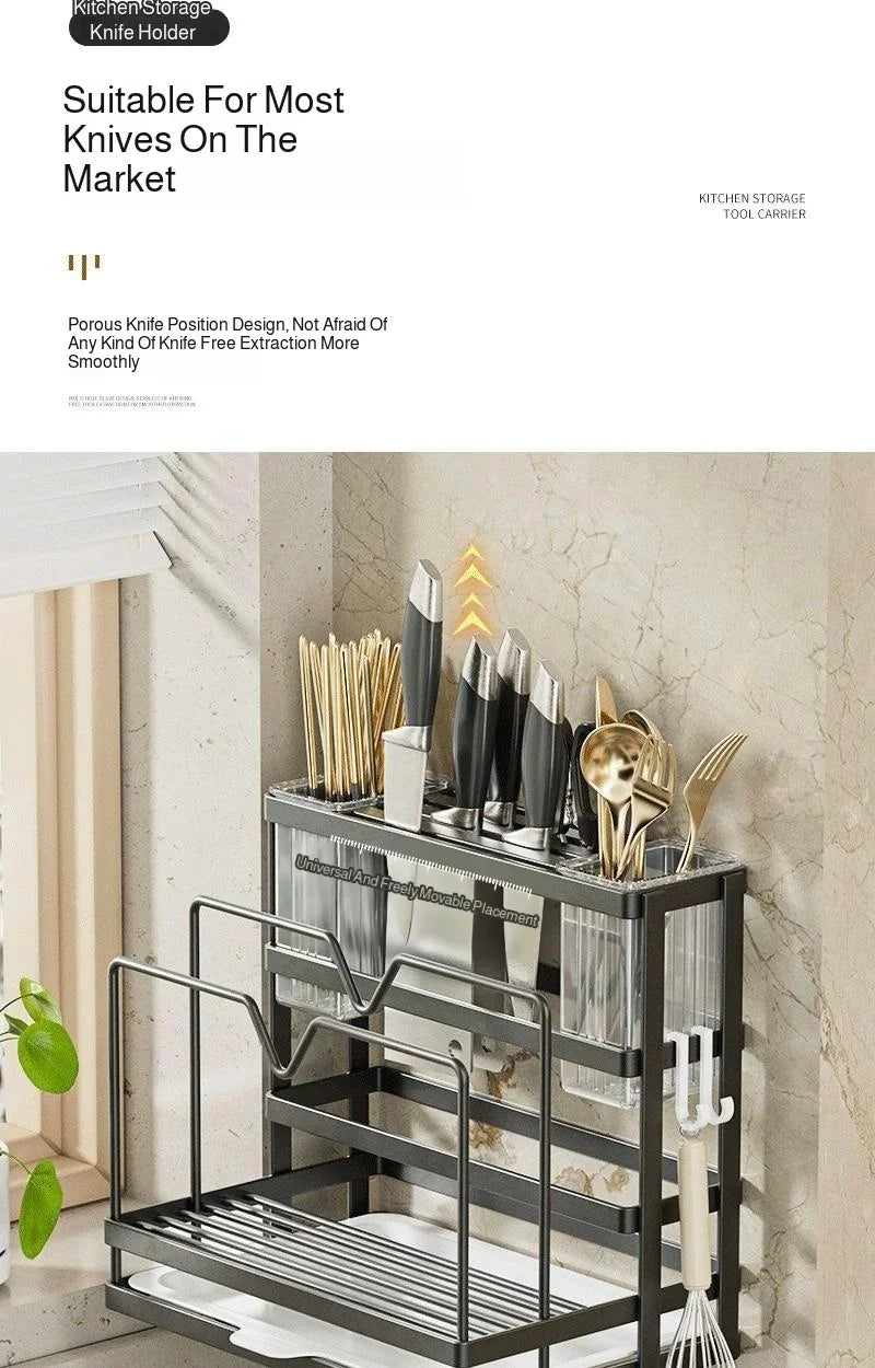 Kitchen Countertop Organizer with Drainage Tray -Integrated Rack for Cutting Boards, Knives, Rags, Chopsticks, Pot Lids, Durable