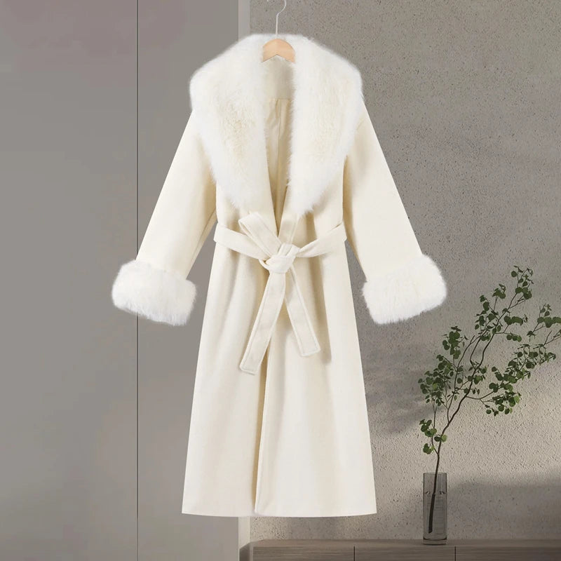 Luxurious Women's Overcoat Faux Full Sleeve Double Breasted Belt Lace Up Female Black Coats 2025 Autumn Winter Chic Lady Outwear