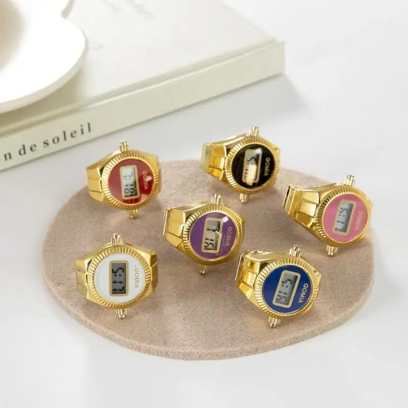 Fashion Electronic Watch Rings for Men Women Gold Silver Colorful Dial Stainless Steel Elastic Watch Strap Battery Mini Clock