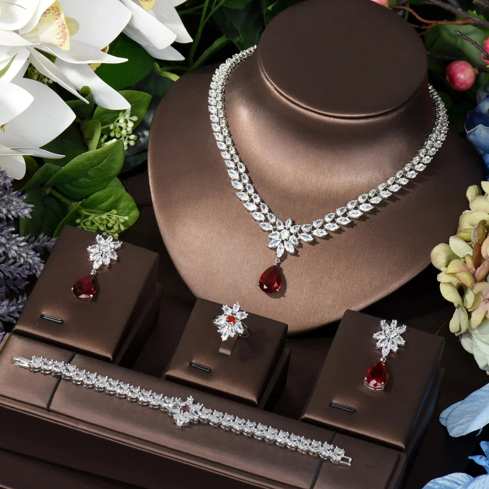 HIBRIDE Elegant Women Wedding Jewellery African CZ Crystal Water Drop Bridal Necklace Bracelet And Earrings Jewelry Sets N-789