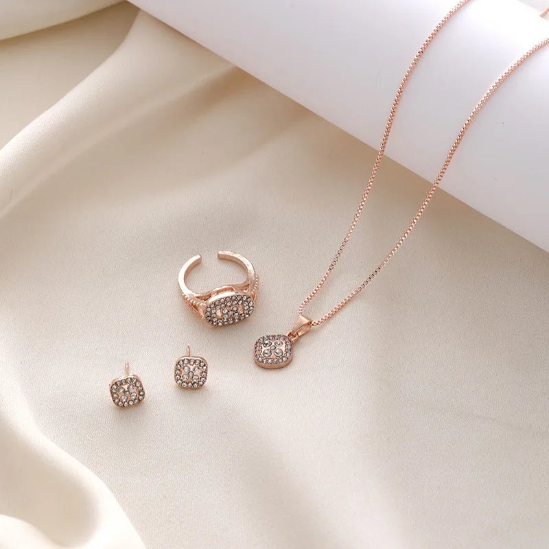 Fashion Luxury Full Crystal 5 Pcs Watch  Necklace Earrings  Ring  Set for Women Rhinestone  Wristwatch Female Bracelet Set Gift