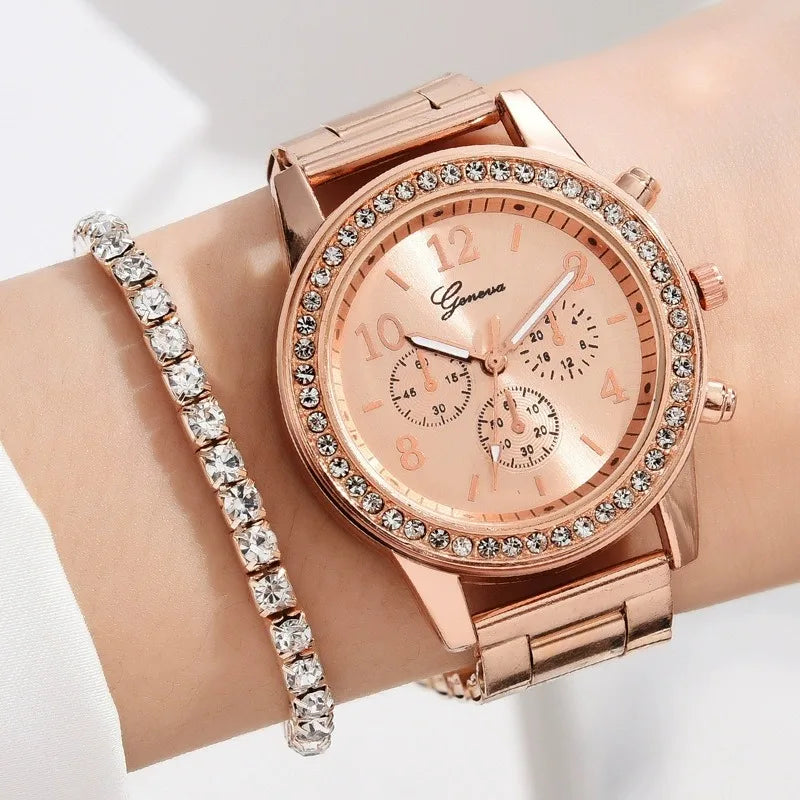6 Piece Women's 3 - Eye Quartz Diamond Watch Set Bracelet Ring Earrings Necklace Gift Fashion Accessory
