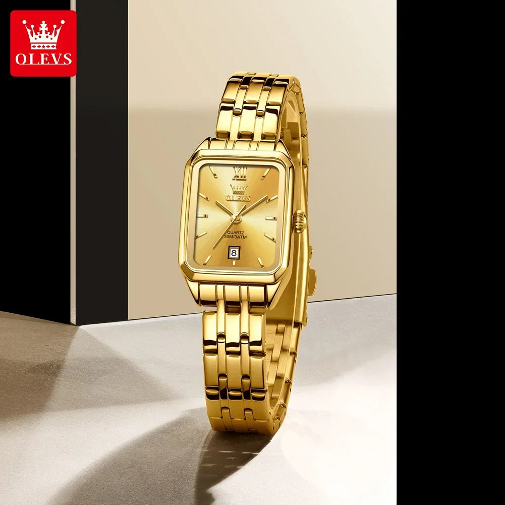 OLEVS Quartz Women's Watches Stainless Steel Square Small Gold Watch for Women Waterproof Auto Date Elegant Ladies Wristwatches